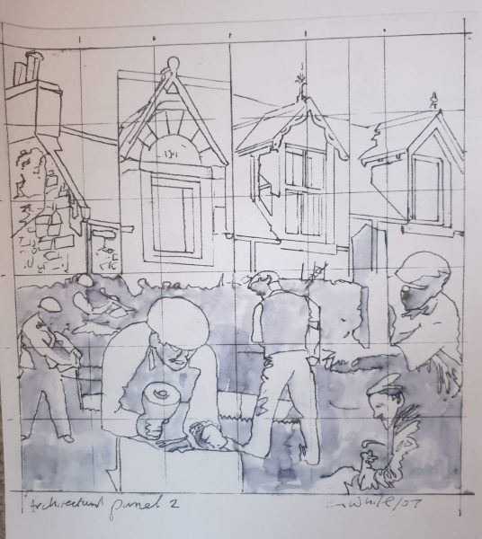 Ken White sketch of stone mason's panel - Saltburn's Past