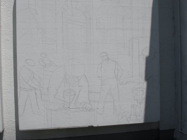 Outline of stone masons mural on wall - Saltburn's Past