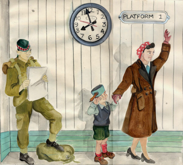 Seaforth soldier reading newspaper and lady and child waving goodbye